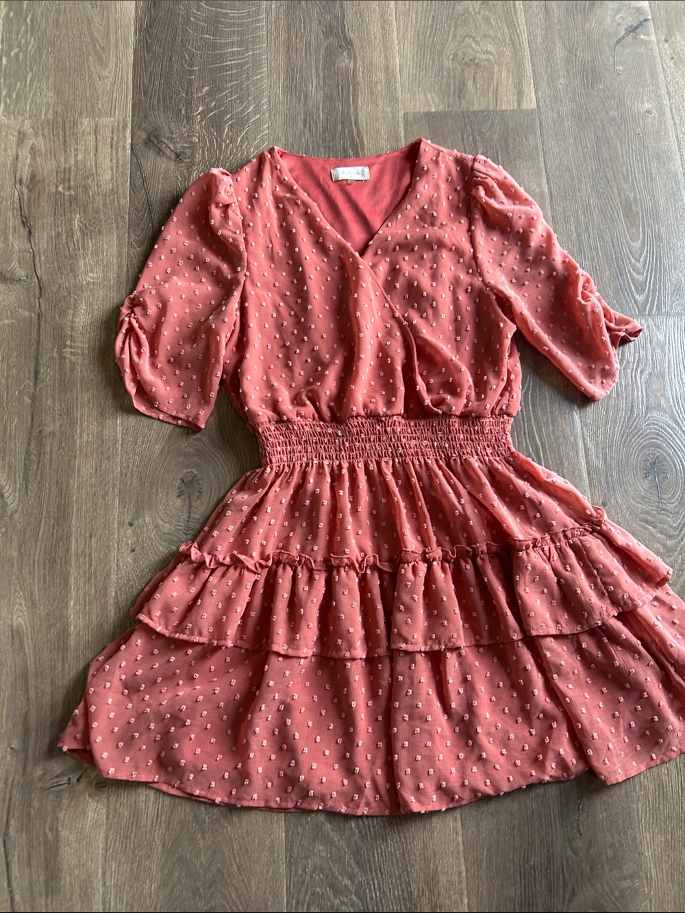 Altar'd State Coral Wrap Mini Dress with Swiss Dot Detail